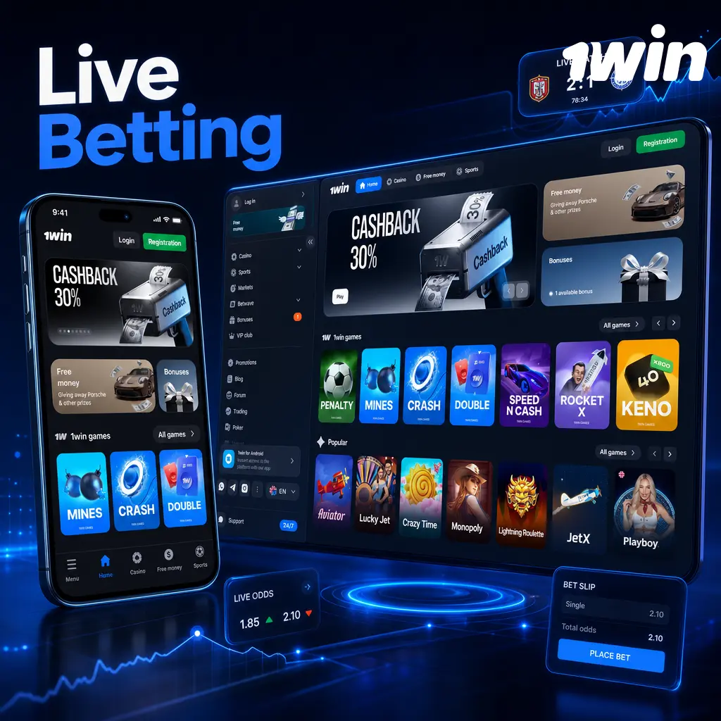 1win live betting screen showing real-time odds, live stream, and bet slip for football, basketball, and esports markets