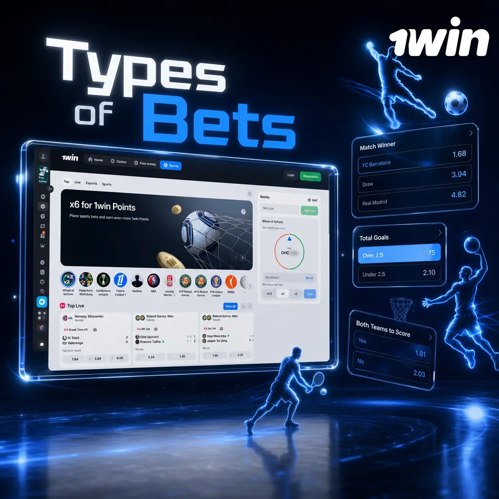 1win betting types: single, accumulator, system, and live bets with adjustable risk and payout options.