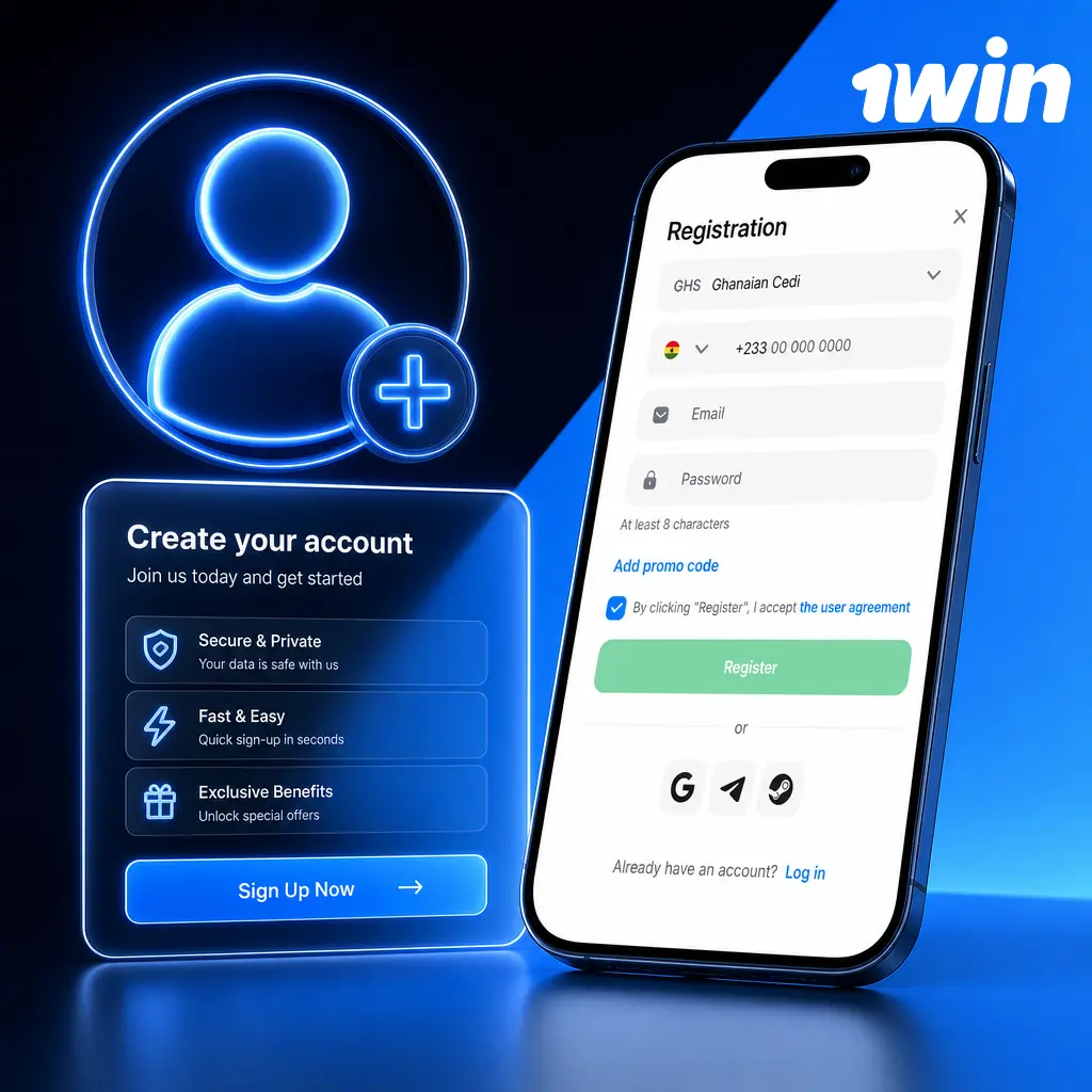 Step-by-step guide to registering a 1win account in Ghana with phone, email, or one-click signup options.